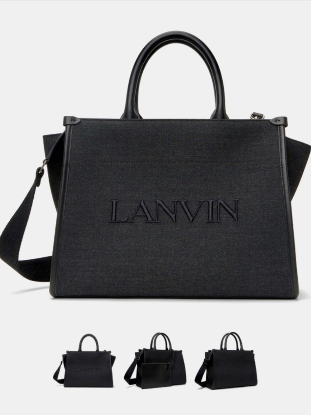 Lanvin black canvas large tote bag with leather handles and shoulder strap #luxu